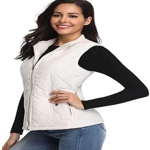 Stylish women's sleeveless white quilted puffer vest with stand collar and zipper pockets