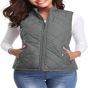 Detail showing the quilted texture and zipper pocket on a women's stand-collar vest.