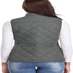 Detailed back view of a women's gray quilted vest featuring a stand collar design