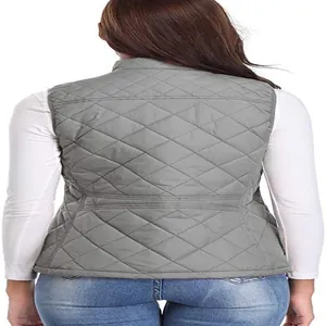Detailed back view of a grey quilted cotton vest for women featuring a stand collar design