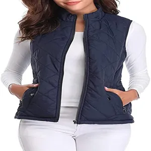 Close-up detail of quilted navy blue vest with stand collar and zipper pockets for women.