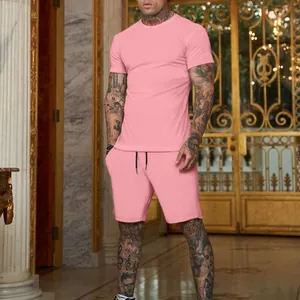 Stylish pink men's summer sports set with short sleeve t-shirt and drawstring shorts