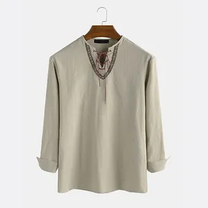 Casual men's cotton long sleeve shirt with embroidered drawstring V-neck and loose fit