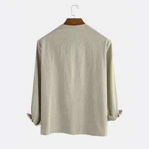 Detailed back view of a men's loose-fit cotton linen shirt in neutral beige color