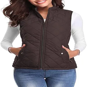 Stylish women's dark brown quilted vest with a stand collar and zipper pockets for winter