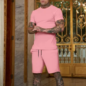 Men's plain pink short sleeve T-shirt and shorts set summer sports tracksuit