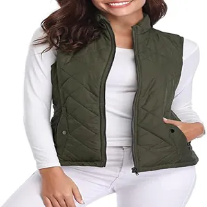 Detail view of women's olive green quilted warm vest with zipper and stand collar