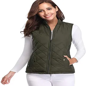 Women's olive green quilted vest with stand collar and zipper pockets for winter.