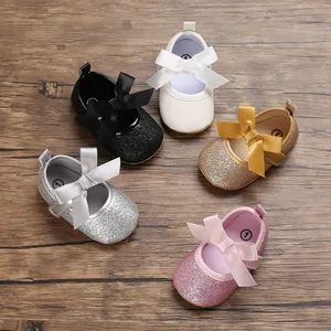 Baby Girl Princess Walking Shoes Soft Sole Bowknot Glitter Mary Jane Flats Breathable Non-Slip Infant Toddler Crib Shoes