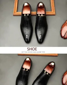 Close-up of black crocodile pattern leather dress shoes with pointed toe for men