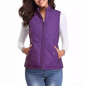 Classic women's purple quilted vest with stand collar and functional zipper pockets