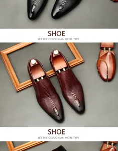 Detail of men's leather dress shoes with alligator embossed pattern and pointed toe