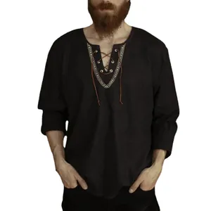 Men's medieval cotton long sleeve shirt with lace-up V-neck and embroidery detail