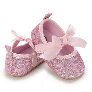 Sparkly pink glitter baby girl princess shoes with soft soles and satin ribbon bows