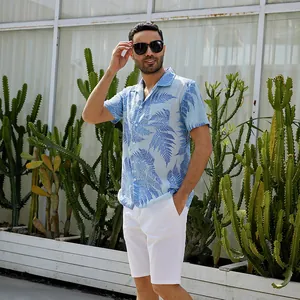 Camisa de playa informal de manga corta para hombre con estampado de helechos azules