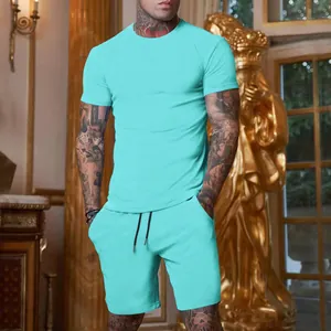 Men's stylish solid mint green short sleeve T-shirt and matching sports shorts set detail