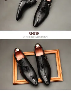 Elegant black crocodile pattern leather monk strap shoes for professional business dress.