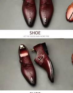 Detailed view of burgundy crocodile-textured men's monk strap dress shoes