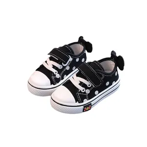 Cute black polka dot toddler girl canvas shoes with bow and velcro strap for walking