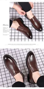 Close-up macro detail of men's brown leather business dress shoes with textured crocodile pattern