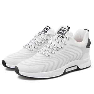 Men's white breathable fly-knit sneakers featuring 8cm hidden height increasing sole