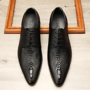 Elegant black leather men's dress shoes with crocodile texture and pointed toe design