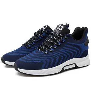 Breathable blue flyknit men's sports running shoes featuring 8cm hidden height increase