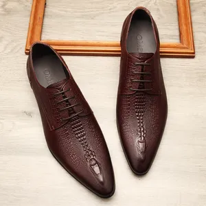 Premium men's dark brown leather oxford shoes with crocodile texture and pointed toe