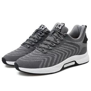 Grey flyknit breathable men's running shoes with 8cm invisible heightening white sole