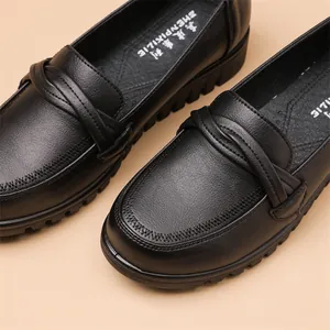 Elegant black genuine leather women's loafers with anti-slip soft soles and flat design