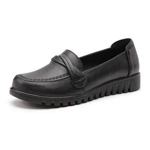 Comfortable black genuine leather women's casual loafers with non-slip soft soles