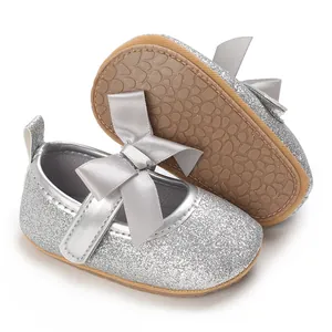 Detailed view of silver glitter baby princess shoes with anti-slip rubber sole