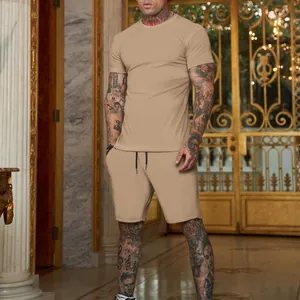 Men's solid khaki short sleeve T-shirt and shorts athletic set for summer streetwear