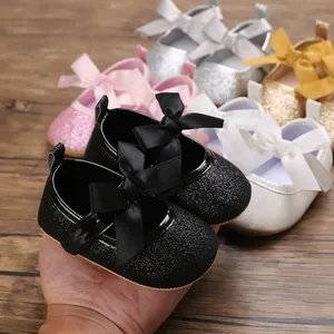Glittery baby girl princess shoes with large bows in multiple colors and soft soles