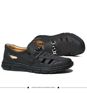 Atmungsaktive schwarze Herren Leder Freizeit-Outdoor-Schuhe mit Vintage-Schnalle