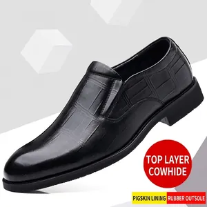 Black men's top grain cowhide leather business casual shoes with embossed crocodile pattern