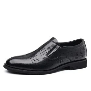 Premium men's breathable perforated black leather business casual slip-on dress shoes