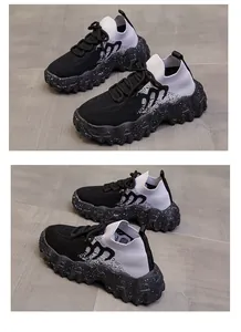 Vista dettagliata di sneaker platform traspiranti in maglia da donna con suole spesse