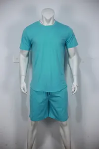 Turquoise men's summer sports set featuring plain short-sleeved t-shirt and shorts