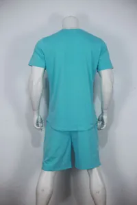 Detailed rear view of cyan blue men's minimalist sports t-shirt and matching shorts set