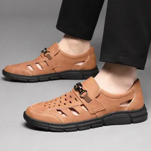 Stilvolle, atmungsaktive Outdoor-Freizeitschuhe für Herren aus braunem Leder mit Gummisohle