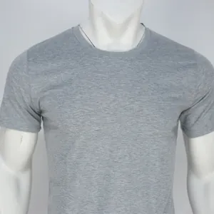 Close-up of grey short-sleeved t-shirt showing fabric texture and crew neck detail