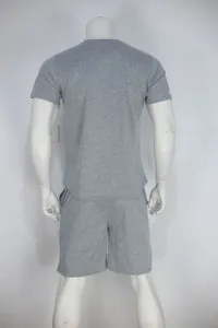 Detailed back view of men's gray sports set including short-sleeved t-shirt and shorts