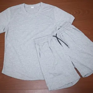 Men's minimalist grey cotton blend short-sleeved T-shirt and drawstring shorts sports set