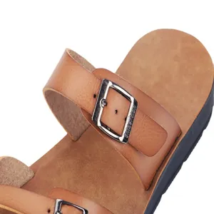 Comfortable brown flat sandals with breathable micro-fiber straps and metal buckles