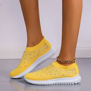 Zapatillas de Deporte de Mujer de Tejido Flyknit con Diamantes de Imitación Slip On Zapatos Casuales Transpirables Ligeros Suela Muffin Moda Brillante