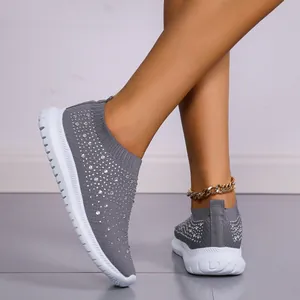 Zapatillas deportivas sin cordones de punto gris con pedrería para mujer casual