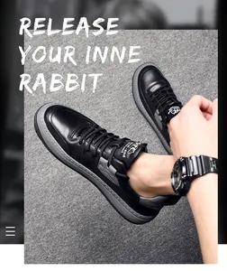 Baskets décontractées en cuir véritable noir pour hommes, semelle grise