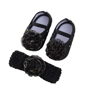 Black baby princess shoes and matching headband set for 0-12 months infants