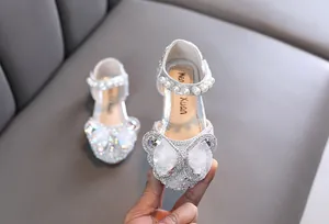 Sparkling silver girls' princess shoes with rhinestone butterfly bow and pearl strap